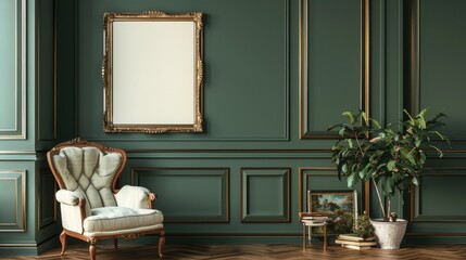 A classic chair near a wall covered in empty poster frames with copy space. home interior design of living room