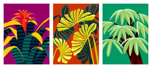Tropical Leaves Vector Set. Pop Art style. Handmade drawing vector illustration.