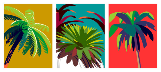 Tropical Plants, Palms and Leaves Vector Set. Pop Art style. Handmade drawing vector illustration.