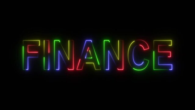 Finance, Budget and Inflation text electric multicolor lighting text with animation on black background, 3D Animation. 4K.
