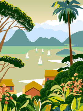 Tropical southeast asian landscape with traditional jungle and plants in the front and islands, sea and yachts in the background. Retro travel poster. Handmade drawing vector illustration.