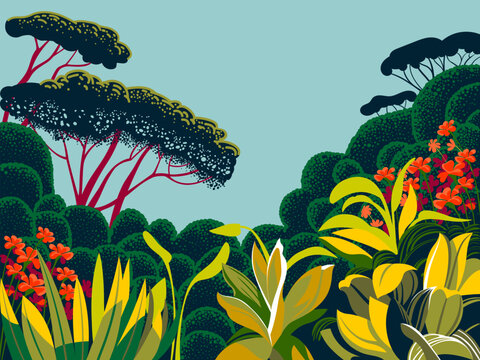 Tropical rainforest landscape. Handmade drawing vector illustration.