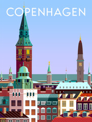 Copenhagen Denmark cityscape with traditional houses, roofs, churches, bell towers. Retro style vector poster.