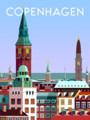 Gardinen Copenhagen Denmark cityscape with traditional houses, roofs, churches, bell towers. Retro style vector poster. © alaver