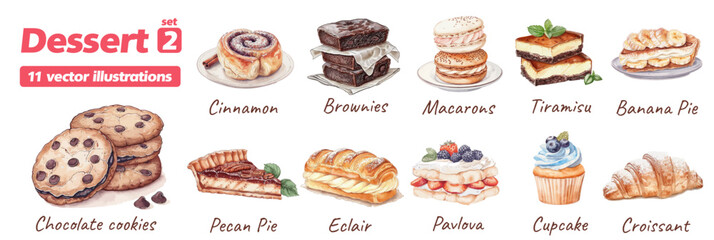 Set of vector watercolor pastry and dessert icons isolated on white background for game design. Tasty sweets for game collection: ice cream, macaroon, muffin, pudding, cake. 