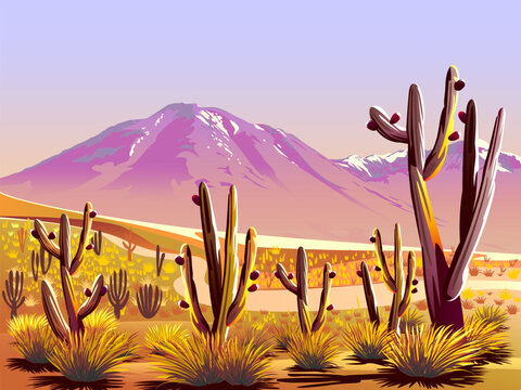 Desert landscape with cactuses in the first plan and the mountains in the background. Handmade drawing vector illustration.