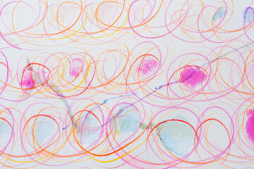 overlapping looping lines in orange and purple on textured paper