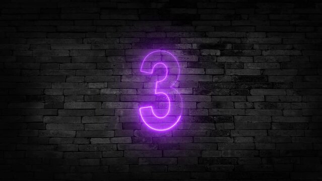 Bright neon glowing number 1, 2, 3, light pink blue color symbol, seamless loop animation on black background in 4K.