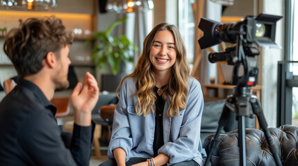 Fototapeta premium A young female content creator conducting an interview with a guest, with a professional video camera setup in the foreground.