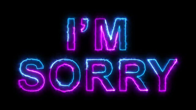 Blue and pink neon lights form luminous text SORRY. Appear, then disappear. Electric style. Alpha channel Premultiplied, Matted with color black in 4K.
