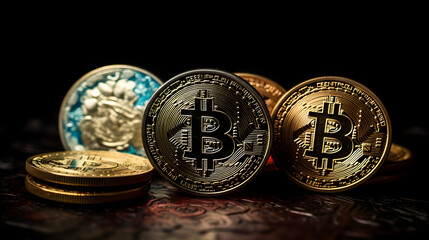 the golden coins are standing near bitcoin