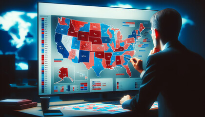 Generated image showcasing an individual strategizing over a U.S. election map, indicating...
