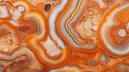 Generative AI, natural volcanic agate stones close-up light orange, apricot crush and golden...