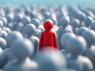 A red human figure stands in the center of a crowd of blurred gray human figures. The concept of a leader and a crowd. - obrazy, fototapety, plakaty