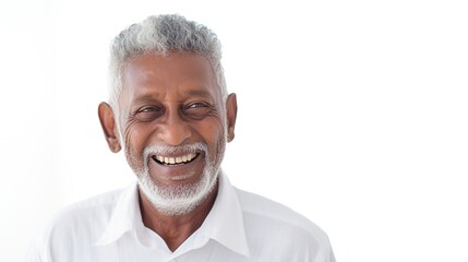 Closeup photo portrait of an elderly south Asian man wearing a white shirt on a white background - obrazy, fototapety, plakaty