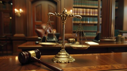 Golden Scales of Justice and Elegant Gavel on Mahogany Desk in Courtroom