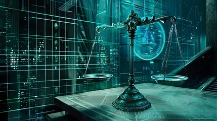Titanium Scales of Justice in Cyberpunk AI Courtroom