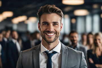 smiling handsome businessman standing in front of team, at meeting room office, smiling at camera