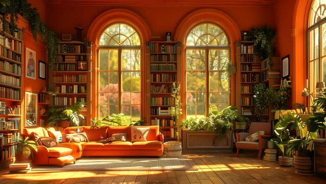 A whimsical cartoon library with antique books, a luxurious reading corner and large windows. seamless looping 4k time-lapse animation video background