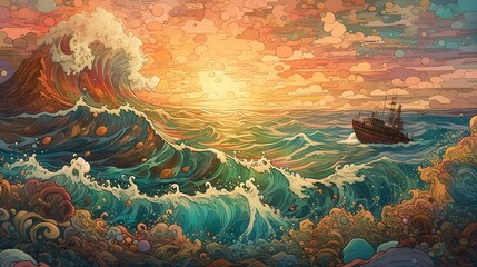 Generative AI, ocean in the sunset linear illustration, psychedelic manga style, highly detailed. Anime colorful style - obrazy, fototapety, plakaty