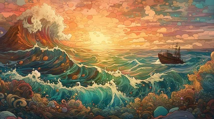 Foto op Canvas Generative AI, ocean in the sunset linear illustration, psychedelic manga style, highly detailed. Anime colorful style © Atallahmohamed