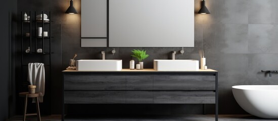 This image depicts a modern bathroom with two sinks, a bathtub, a big mirror, a marble deck, and a black wooden dresser with accessories. The floor is grey concrete, and there is a foot towel visible.