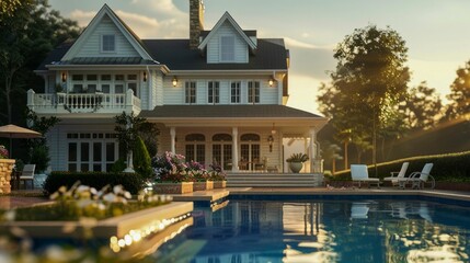 Obraz premium Luxurious Modern Home with Pool at Sunset. Generative ai