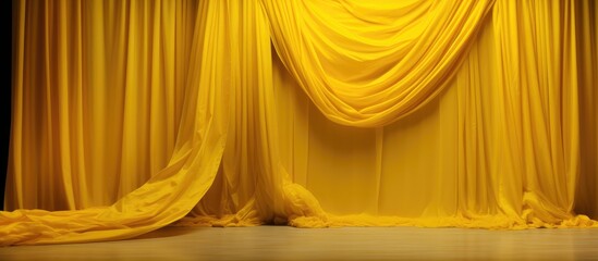 A stage featuring a vibrant yellow curtain hanging in the background, contrasted against a clean white floor. The simplicity of the setting allows for a striking visual impact. - obrazy, fototapety, plakaty
