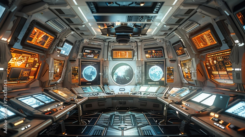 Poster modern space rocket control room. generative ai.