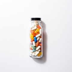 pills in a transparent bottle on a white background сreated with Generative Ai