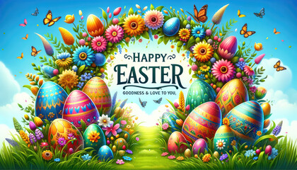 Colorful and festive Easter scene featuring beautifully decorated eggs nestled among a vibrant array of spring flowers under a sunny sky.