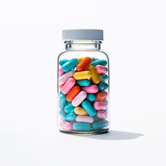 pills in a transparent bottle on a white background сreated with Generative Ai