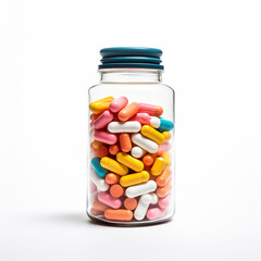 pills in a transparent bottle on a white background сreated with Generative Ai