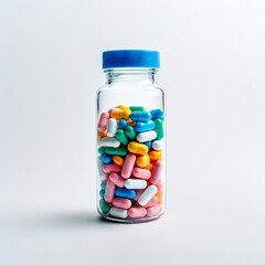 pills in a transparent bottle on a white background сreated with Generative Ai