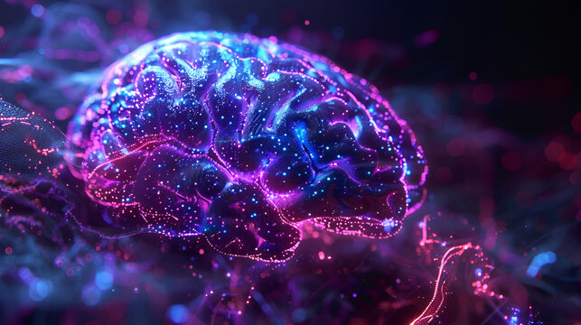 High-Tech Purple and Blue Brain with blue particals with dark background,  Black Background, Generative AI