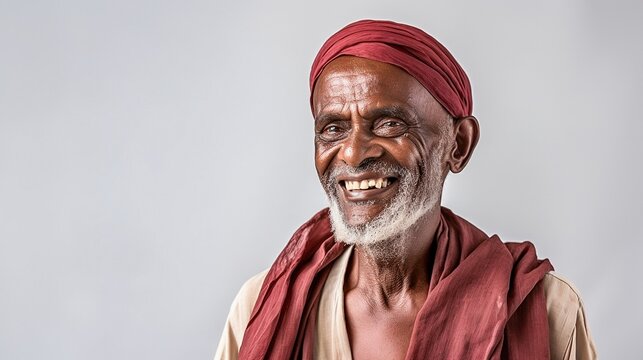 Closeup portrait of smiling south Asian man wearing a red turban and shawl on a grey background