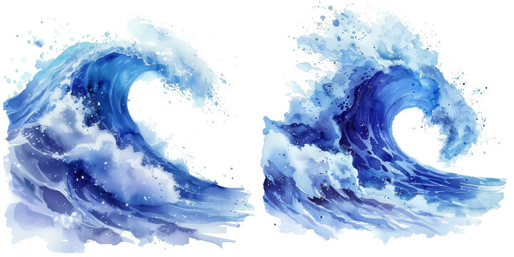 Watercolor set of 2 ocean wave isolated on transparent background. PNG file. View from side.
