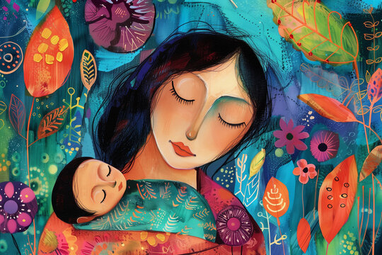 asian mom and baby with flowers for mother's day, modern mixed media colorful art 