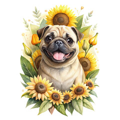 "Whimsical Happy pug Dog Among Sunflowers 