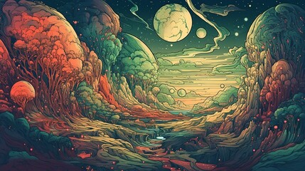 Generative AI, Psychedelic Space banner template in anime manga line art style. Horizontal illustration of the future landscape with mountains, planets, trees, moon. Surrealist escapism concept. - obrazy, fototapety, plakaty