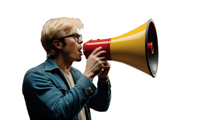 A young guy wearing glasses with a megaphone makes an announcement on a transparent background - obrazy, fototapety, plakaty