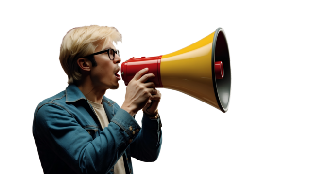 A young guy wearing glasses with a megaphone makes an announcement on a transparent background