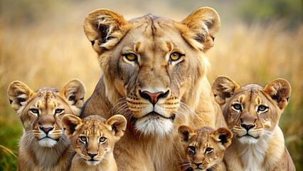 lioness and lion with four cubs