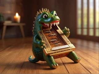 Tuinposter 3D character of crocodile combining shaped like a strange local Asian musical instrument. © Niwes