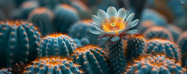 A blooming cactus flower takes center stage in clos. Concept e-up, showcasing its vibrant colors and intricate details,