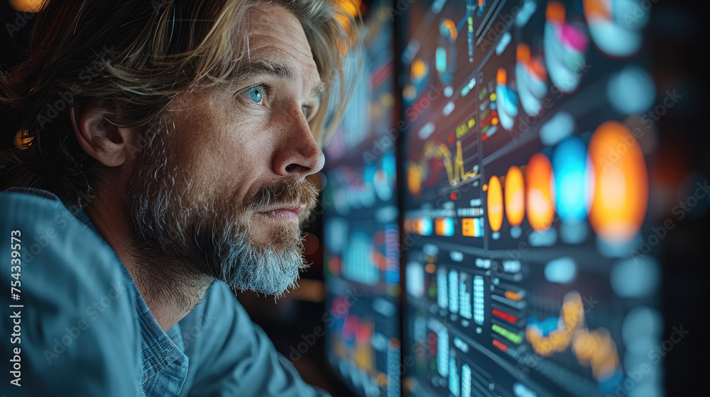 Poster Man looking on financial statistics, charts, and data visualization in an enterprise environment. Generative AI.