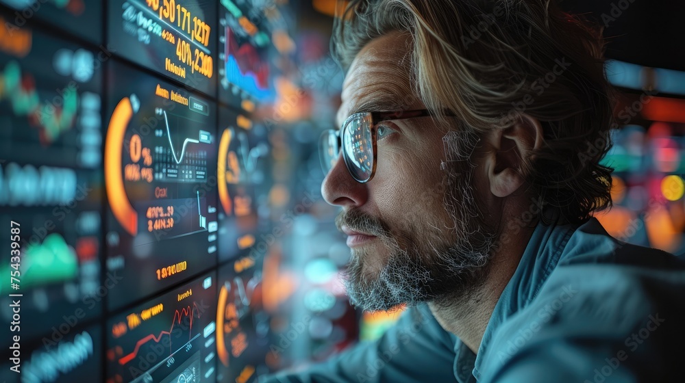 Poster man looking on financial statistics, charts, and data visualization in an enterprise environment. ge