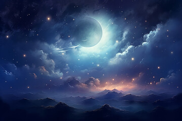 Fototapeta na wymiar moon at Night, stars above the Clouds, beautiful view at night, moon