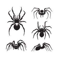 Creepy Crawlers: Vector Spider Silhouette Collection for Halloween Designs, Arachnid Illustrations, and Nature-themed Artwork. Black spider vector.