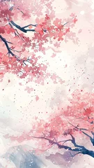 Fleecedeken met foto Artistic Cherry Blossoms in Watercolor Style Illustration  Ethereal watercolor painting of cherry blossoms in bloom, with delicate petals floating amidst a dreamy, pastel-hued backdrop.  © M